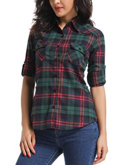 Damen Kariertes Flanellhemd, langärmelig, Knopfleiste, lässig, tailliert, Western-Tops, Grün-roter Plaid, Mittel von Aeslech