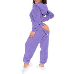 Damen Sexy Fleece Jumpsuit mit Kapuze und Öhrchen,Damen Overall Mit Po Klappe,Schlafanzug Einteiler Flausching Pyjama Plüsch Onesie (7,M) von Agess