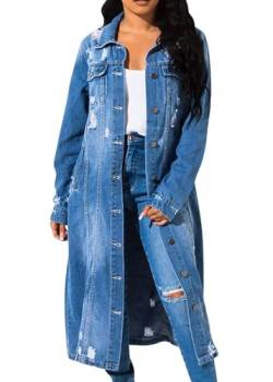 Agiyenna Damen Jeansjacke Lang Elegant Jeansmantel Denim Einreiher Zerrissene Vintage Übergangsjacke Lässige Jacke mit Tasten von Agiyenna