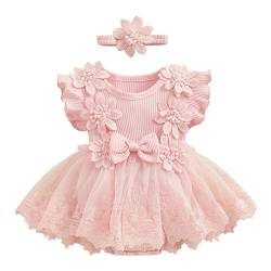 Agoky Baby Mädchen Kurzarm Kleid Sommer T-Shirt Shirtkleid mit Blumen Tüllrock Festlich Prinzessin Partykleid Festkleider Taufbekleidung Rosa H 74-80 von Agoky