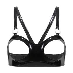 Agoky Damen Bügelloser BH Wetlook Bra Spaghettiträger Nippelfrei Bustier Top ohne Cups Sexy Nachtwäsche Clubwear Schwarz C XXL von Agoky