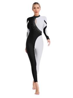 Agoky Damen Ganzkörper Gymnastikanzug Langarm Turnanzug Farbblock Jumpsuit Sport Body Ballett Tanz Eiskunstlauf Bekleidung Dancewear Weiß L von Agoky