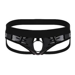 Agoky Herren Sexy Strings Jockstrap mit Öffnung Loch Metall-Penisring Männer Bikini Slip Thong Tanga Lack Leder Briefs Low rise Erotik Unterwäsche M-XL Schwarz M von Agoky