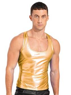 Agoky Herren Wetlook Tank Top Stringer Shirts Ringerrücken Lack Leder Muskelshirt Achselshirt Fitness Tshirt Workout Gym Oberteile Gold XL von Agoky