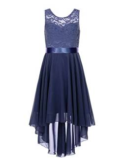 Agoky Mädchen Festliches Kleid für Hochzeit Sommer Unregelmäßig Partykleid Spitzenkleid mit Plisseerock Kommunionskleid Navy Blau 122-128 von Agoky