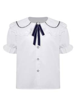 Agoky Mädchen Kurzarm Oxford Hemd mit Knopfleiste Schleife Freizeithemd Elegant Trachten Bluse Sommer Schuluniformen Party Hochzeit Outfits Weiß 122-128 von Agoky