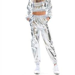 Karneval Damen Metallic Glänzend Jogger Casual Holographische Farbe Streetwear Hosen Hip Hop Mode Glatte Elastische Hosen Tanzhosen Party Disco Clubwear (Silver, S) von Ahagogo