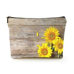 Premium-Make-up-Tasche für Damen, Leinen, Reise-Kosmetiktaschen, Sonnenblumen und rustikale Holzbretter, langlebiges Kosmetiketui von Ahdyr