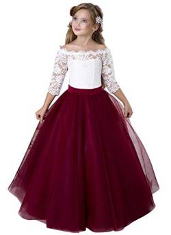 Aibaowedding Blumensmädchenkleid Prinzessin Mädchen Festzug Ballkleider Kinder Spitze Tüll Cocktailkleid Elegant Langes Abendkleid Kommunionskleid … (Weinrot, 10-11Y) von Aibaowedding