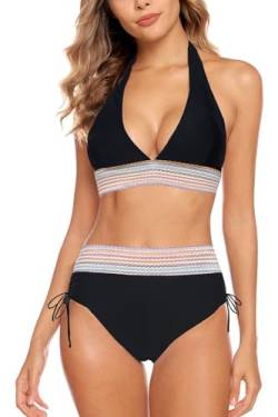 Aidotop Women's Bikini Set Tummy Control High Waist Bikini V Neck Adjustable Two Piece Swimsuit（1Black，M） von Aidotop