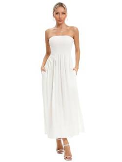 Aigeman Trägerloses Maxikleid für Damen, ärmellos, Sommer, Boho, Strandkleid, schulterfrei, fließendes Swing-Kleid mit Pokets, 330, Weiss/opulenter Garten, Klein von Aigeman