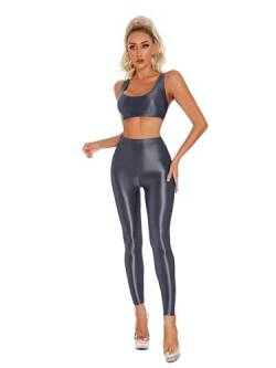 Aiihoo Damen Glänzend Crop Top + Sport Leggings U-Ausschnitt Bh Top Stretch Yoga Hose Fitness Sportanzug Transparent Unterwäsche Clubwear Dunkelgrau M von Aiihoo