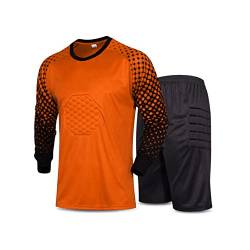 Aiihoo Jungen Torwarttrikot Outfit Gepolsterte Torwart Langarmshirts Mit Shorts Set Fußball Traininganzug Sportanzug Orange 116-122 von Aiihoo