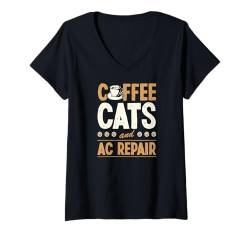 Damen Kaffeekatzen und Klimaanlage Reparatur T-Shirt mit V-Ausschnitt von Air Conditioning Mechanic and AC Repair Tech Merch