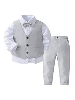 Aislor Baby Jungen Anzug Festlich Smoking Anzug Set Baumwolle Hemd + Hose + Weste + Krawatte Gentleman Babykleidung für Hochzeit Taufe Geburtstag A Grau 80-86 von Aislor