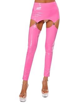 Aislor Damen Lack Leder Hose Strumpfenhose mit Strapsgürtel Wetlook Leggings Offener Schritt Micro Rock Bodycon Rock + Strümpfe Clubwear Rosa XXL von Aislor