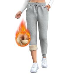 Aisprts Gefütterte Jogginghose Damen, Thermohose Damen Winter, Verdickte Warme Fleecehose Sweathose mit 2 Taschen, Elastischem, Bund Kordelzug, T1 Hellgrau, XL von Aisprts