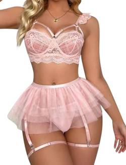 Aivtalk Sexy Damen Dessous Set Halfter Unterwäsche Set Sexy Babydoll Tiefer V-Ausschnitt Nachtwäsche Strumpfband-Set Rosa L von Aivtalk