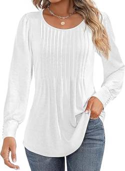 Ajpguot Bluse Damen Elegant Herbst Puff Langarm T-Shirt Oberteil Rundhals Falten Top Longshirt Casual Lose Tunika Langarmshirts (DE/NL/SE/PL, Alphanumerisch, S, Regular, Regular, Weiß) von Ajpguot