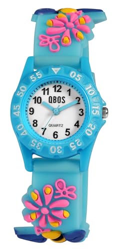 Qbos Kinderuhr Blume Biene Motiv Weiß Blau Analog Silikon Quarz Mädchen Junge Kids von Akzent