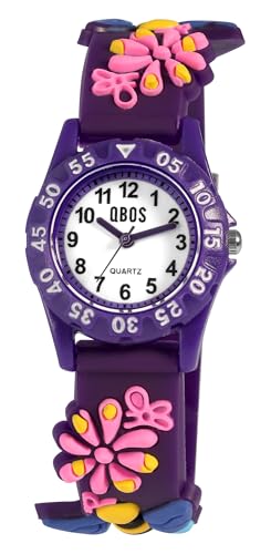 Qbos Kinderuhr Blume Biene Motiv Weiß Lila Analog Silikon Quarz Mädchen Junge Kids von Akzent