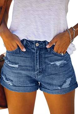 Alaster Queen Damen Denim Shorts High Waist Denim Shorts für Frauen Ripped Folded Side Distressed Short Jeans Crimpen Hotpants Blau XL von Alaster Queen