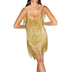 Alaurbeauty Damen 1920er Jahre Gatsby Pailletten Fransen Vintage Flapper Kleid Cocktailparty Kleid Kostüm Set für Abendabschlussball (Goldene, M) von Alaurbeauty