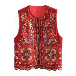 Damen Vintage Stickerei Floral Weste Y2k Ärmellose Open Shirt Crop Weste Floral Cardigan Westen Gilet Leinen Streetwear (Red, S) von Alaurbeauty