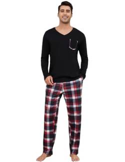 Alebame Schlafanzug Herren Lang Baumwolle Pyjama Set Zweiteiler Kariert Nachtwäsche Langarm Shirt & Schlafanzughose von Alebame