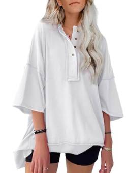 Aleumdr Oversize Shirt Damen Tshirt Damen Kurzarm Knöpfen Top Sommer Oberteile Locker Elegant Blusen für Damen Weiß Größe Klein von Aleumdr