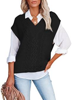 Aleumdr Pullover Damen V-Auschnitt Pullunder Damen Ärmellos Strickweste Herbst Strickpullover Damen Oversize Pullover Grobstrick Strickpulli Elegant Damen Winterpullover,Schwarz XL von Aleumdr