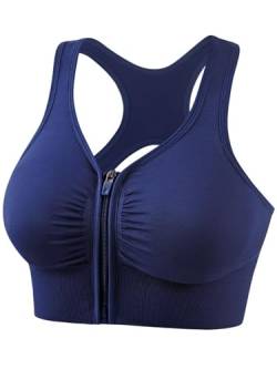 Alleen Damen Sport BH mit Vorderverschluss - Push Up Gepolstert Ohne Bügel Sports Bustier für Joggen Lauf Yoga Jumping Fitness Bra Sportunterwäsche (Blau, XL) von Alleen