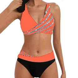 Allegorly Damen Bikini Set Triangel Breites Unterbrustband Bademodes Zweiteiliger Badeanzug Wickeloptik Lace Up Bikini Bademodes V Ausschnitt Blumenmuster Zweiteiliger Badeanzug (HJ1D-Orange, M) von Allegorly