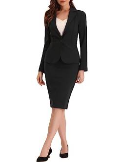 Allegra K Damen 2-teiliges Rock Anzug Set Business Casual Langarm Blazer und Bleistiftrock, Schwarz , L von Allegra K