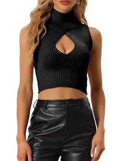 Allegra K Damen Ärmellos Pullover Stehkragen Cut-Out Bauchfrei Party Oberteil Crop Top Schwarz L von Allegra K