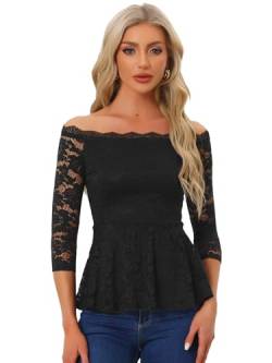 Allegra K Damen Bluse 3/4 Ärmeln Spitze Rüschen Schulterfrei Floraler Spitzenbluse Top Schwarz S von Allegra K