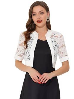 Allegra K Damen Hochzeit Boleros Kurzarm Spitze Bolero Satin Panel Offen Front Crop Cardigan Shrug Weiß XS von Allegra K