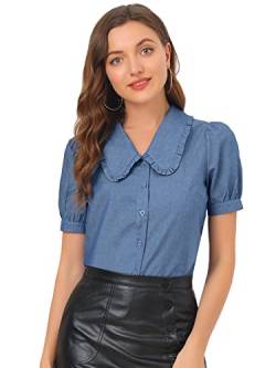 Allegra K Damen Bubikragen Hemd Puff Kurzarm Chambray Top Bluse Blau S von Allegra K