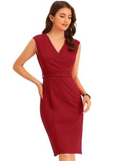 Allegra K Damen Bürokleid Ärmellos V-Ausschnitt Gürtel Elegant Bleistiftkleid Kleid Rot XS von Allegra K