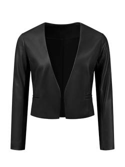 Allegra K Damen Crop Blazer Kunstleder Kragenlos PU Moto Biker Offener Vorderseite Jacken Schwarz XS von Allegra K