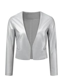 Allegra K Damen Crop Blazer Kunstleder Kragenlos PU Moto Biker Offener Vorderseite Jacken Silber M von Allegra K