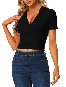 Allegra K Damen Crop Top Bluse Elegant Tief V-Ausschnitt Kurzarm Bauchfrei Figurbetont Oberteil Eng T-Shirt Schwarz M von Allegra K