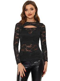 Allegra K Damen Dirndl Weihnachten Trachtenbluse Spitze Bluse Cut Out Oberteil Langarm Durchsichtig Blumen Top Schwarz XS von Allegra K