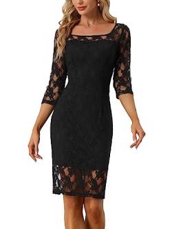 Allegra K Damen Etuikleid Elegant 3/4-Ärmeln Spitze Eckigem Ausschnitt Midi Gerader Schnitt Mini Kleid Schwarz XS von Allegra K