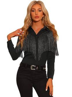 Allegra K Damen Fransenbluse Langarm Button Down Disco Party Shirts, Schwarz, Klein von Allegra K