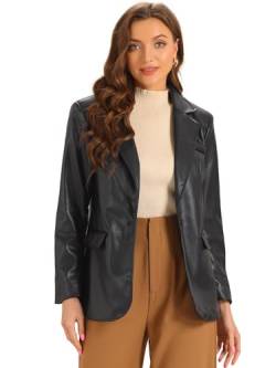 Allegra K Damen Kunstleder-Blazer Mit Reverskragen Pu-Moto-Bikerjacken Schwarz S von Allegra K