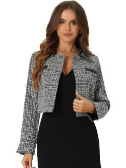 Allegra K Damen Kurz Geschnittene Tweed Jacken Zweireihig Kariert Vintage Kontrastierend Reverskragen Blazer Schwarz M von Allegra K