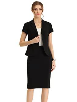 Allegra K Damen Kurzarm Elegant Business Kostüm Blazer Bleistiftrock 2-Teiliges Anzug-Set Schwarz 3XL von Allegra K