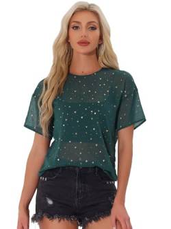 Allegra K Damen Kurzarm Party Sheer Durchsichtig T-Shirt Metallic Glitzer Stern Top Bluse Dunkelgrün L von Allegra K