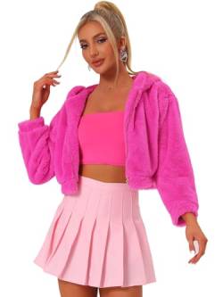 Allegra K Damen Lässig Kunstpelzmantel Reißverschluss Kapuze Kurze Fuzzy-Jacke Pink L von Allegra K